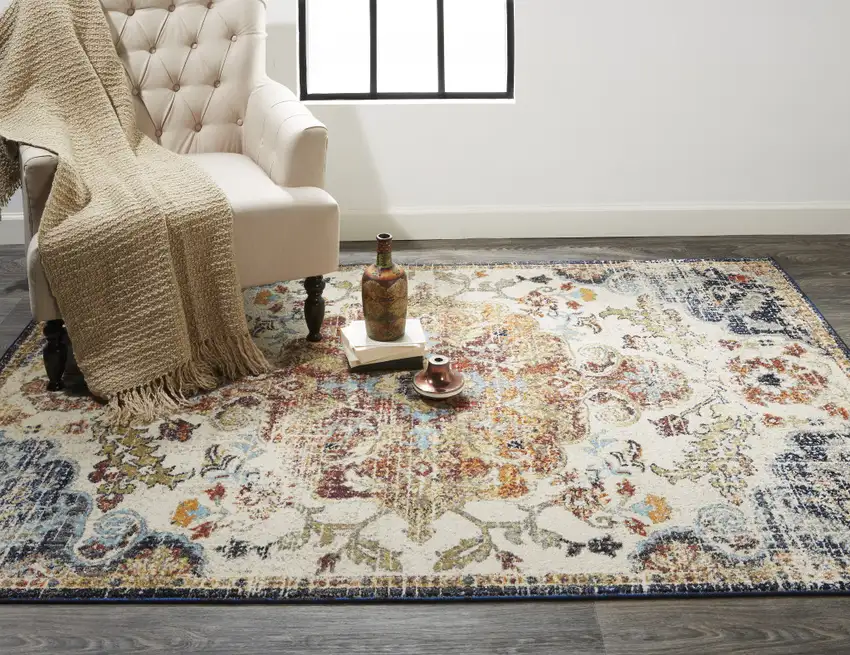 Ivory Gold And Blue Floral Stain Resistant Area Rug Photo 6