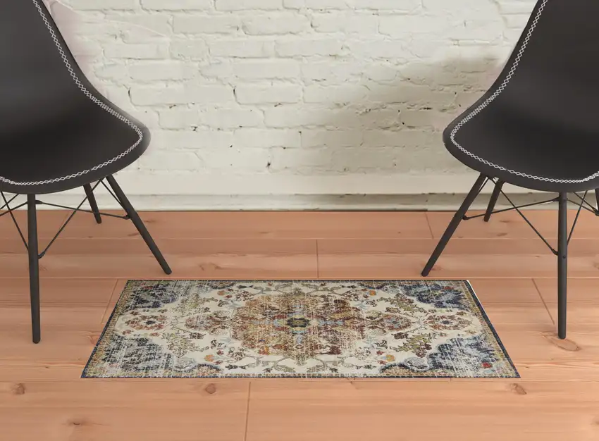 Ivory Gold And Blue Floral Stain Resistant Area Rug Photo 3