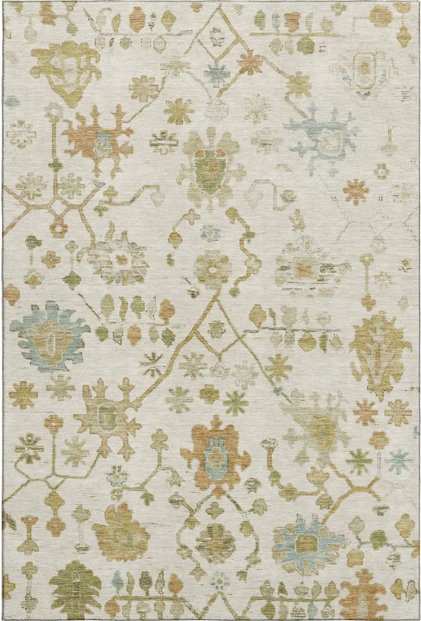Ivory Gold And Blue Floral Washable Area Rug With UV Protection Photo 1