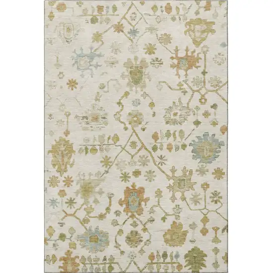 Ivory Gold And Blue Floral Washable Area Rug With UV Protection Photo 4