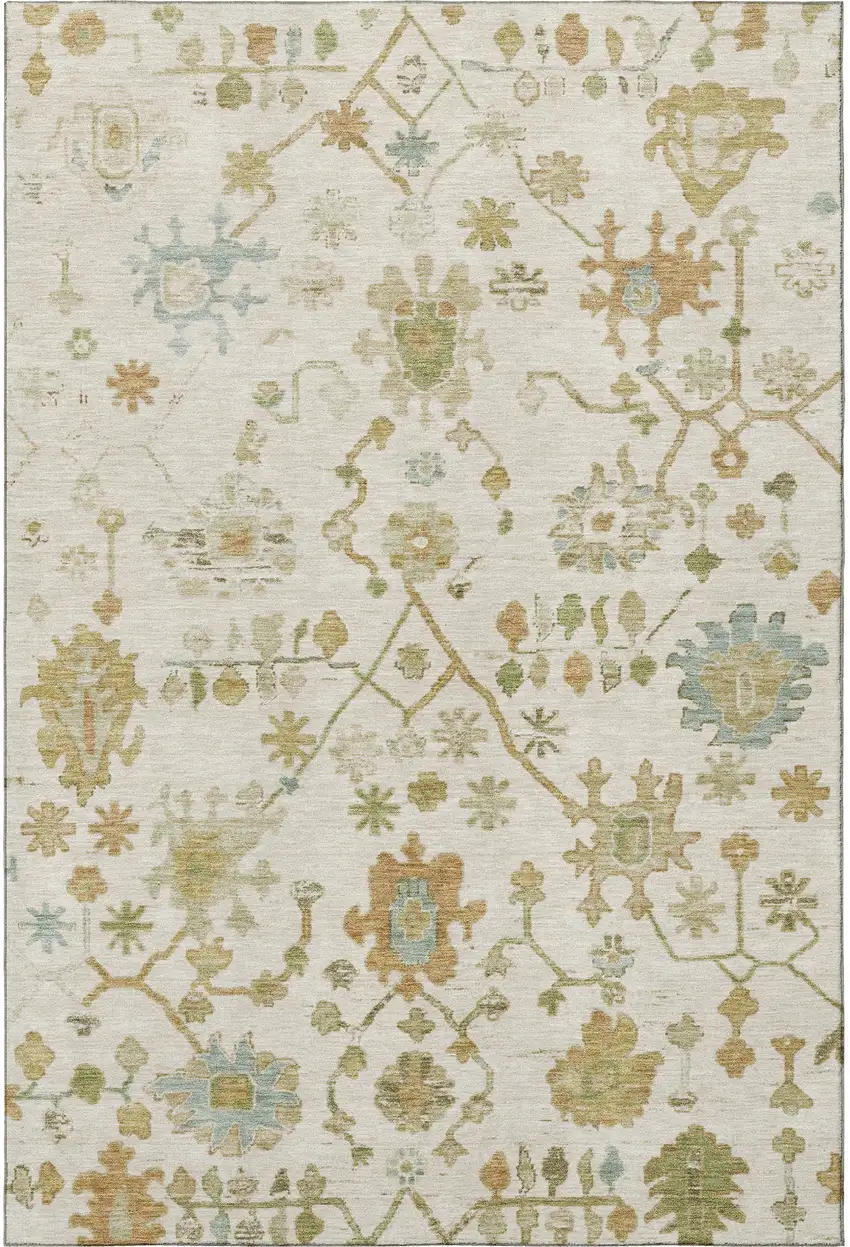 Ivory Gold And Blue Floral Washable Area Rug With UV Protection Photo 4