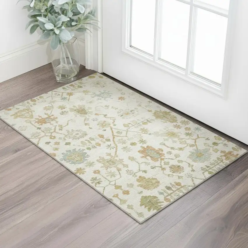 Ivory Gold And Blue Floral Washable Area Rug With UV Protection Photo 2