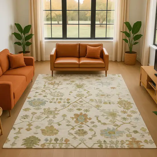 Ivory Gold And Blue Floral Washable Area Rug With UV Protection Photo 5