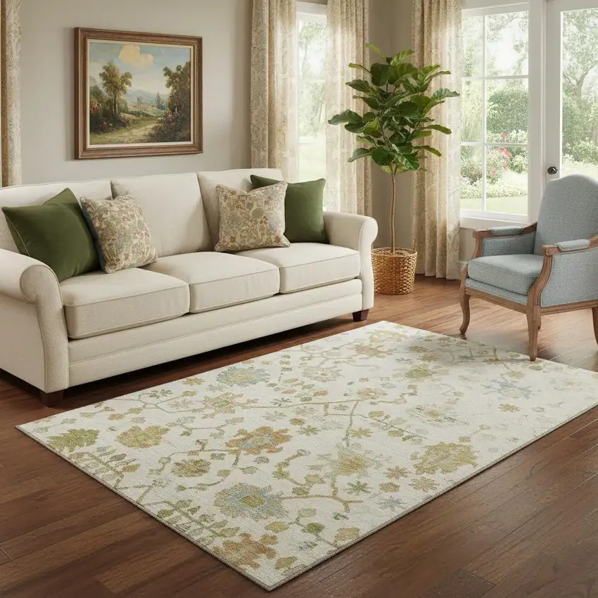 Ivory Gold And Blue Floral Washable Area Rug With UV Protection Photo 2