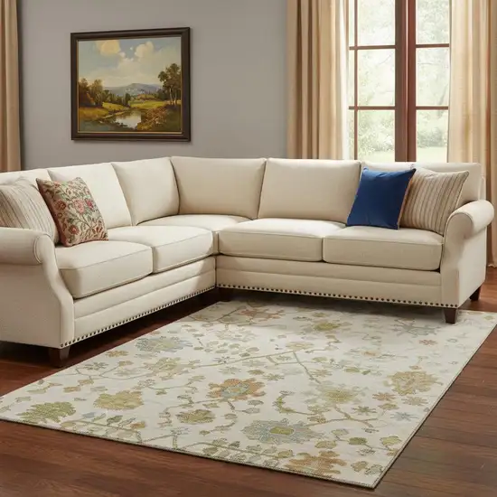 Ivory Gold And Blue Floral Washable Area Rug With UV Protection Photo 2