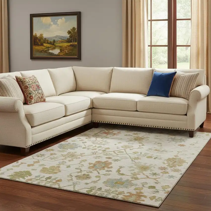 Ivory Gold And Blue Floral Washable Area Rug With UV Protection Photo 2