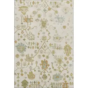 Photo of Ivory Gold And Blue Floral Washable Area Rug With UV Protection