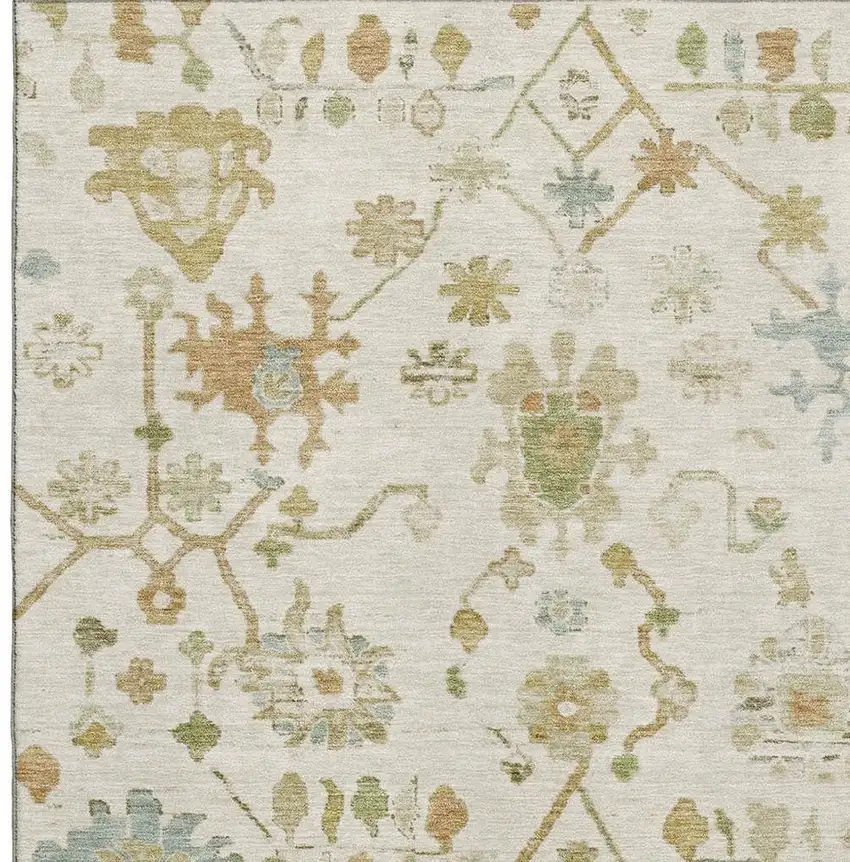 Ivory Gold And Blue Floral Washable Area Rug With UV Protection Photo 3