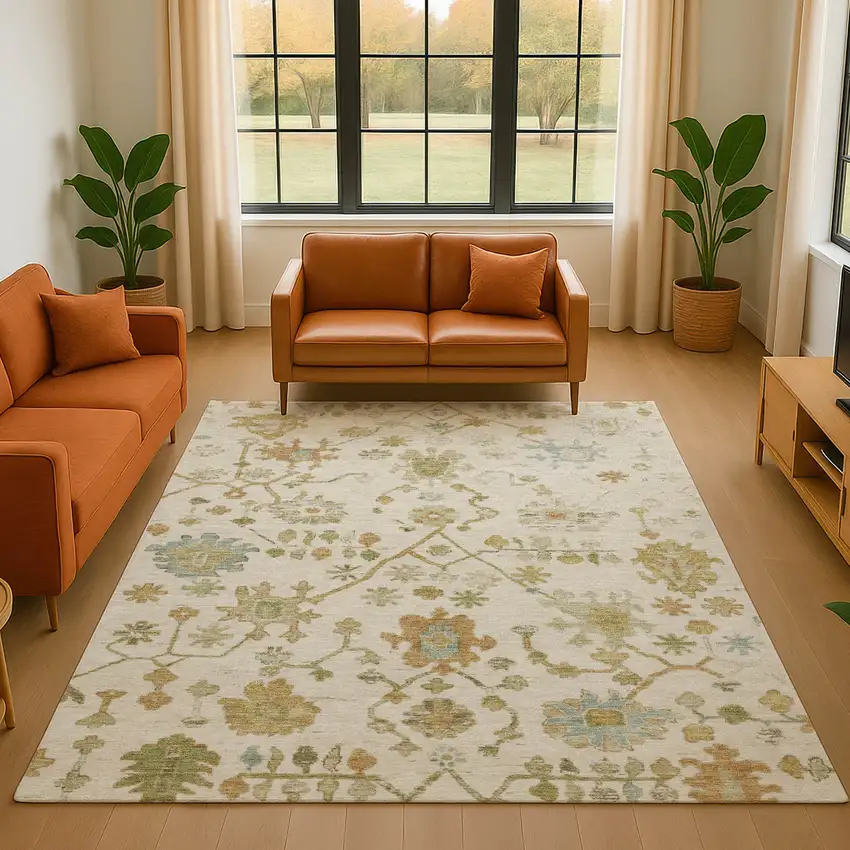 Ivory Gold And Blue Floral Washable Area Rug With UV Protection Photo 5