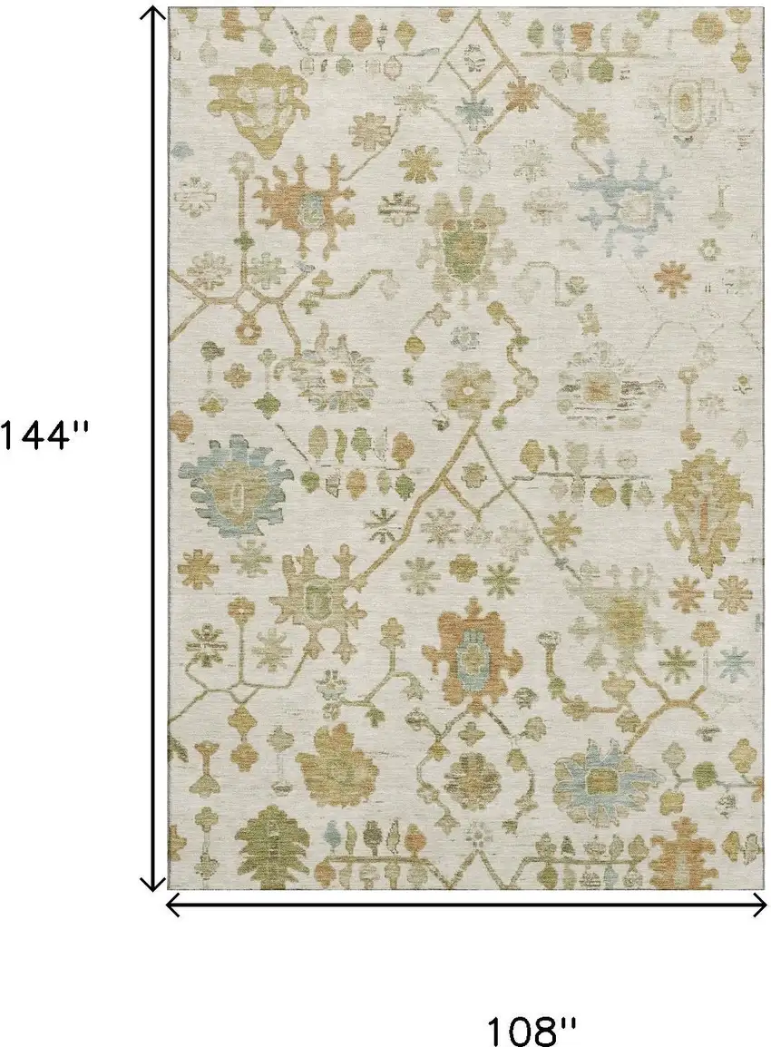 Ivory Gold And Blue Floral Washable Area Rug With UV Protection Photo 9