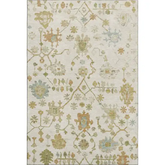 Ivory Gold And Blue Floral Washable Area Rug With UV Protection Photo 1