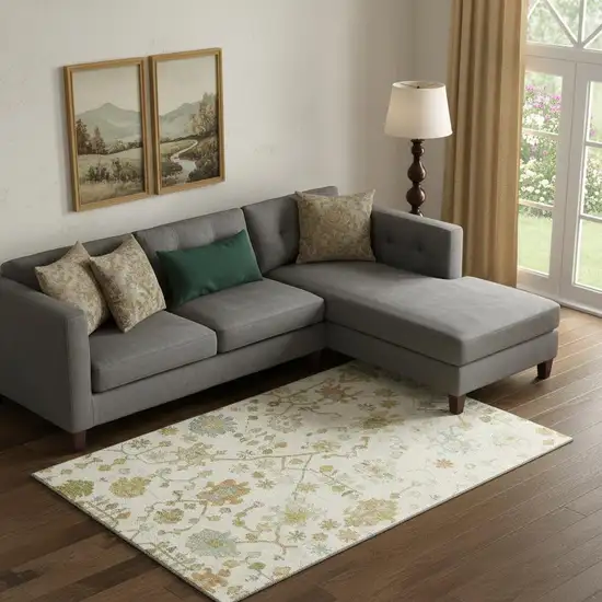 Ivory Gold And Blue Floral Washable Area Rug With UV Protection Photo 2