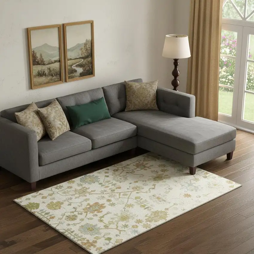 Ivory Gold And Blue Floral Washable Area Rug With UV Protection Photo 2