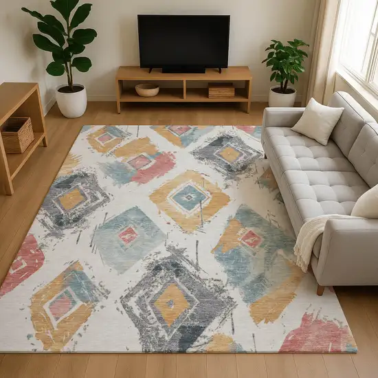 Ivory Gold And Blush Abstract Geometric Washable Area Rug With UV Protection Photo 4