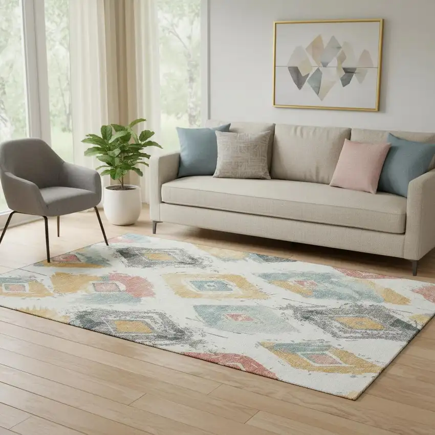 Ivory Gold And Blush Abstract Geometric Washable Area Rug With UV Protection Photo 2