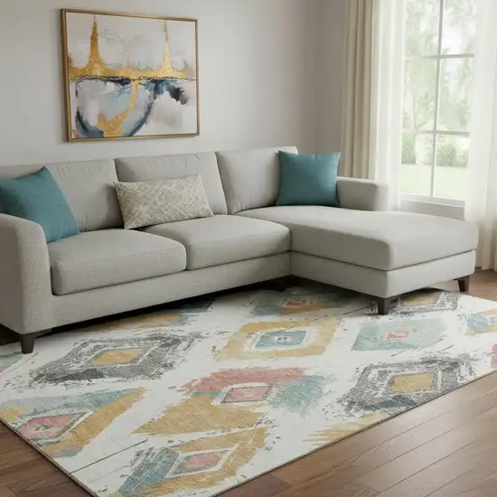 Ivory Gold And Blush Abstract Geometric Washable Area Rug With UV Protection Photo 2