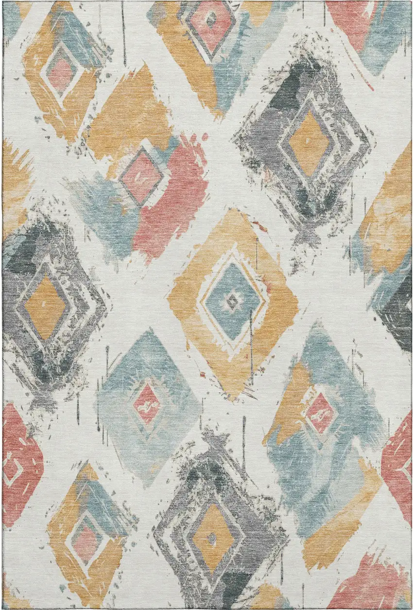 Ivory Gold And Blush Abstract Geometric Washable Area Rug With UV Protection Photo 1