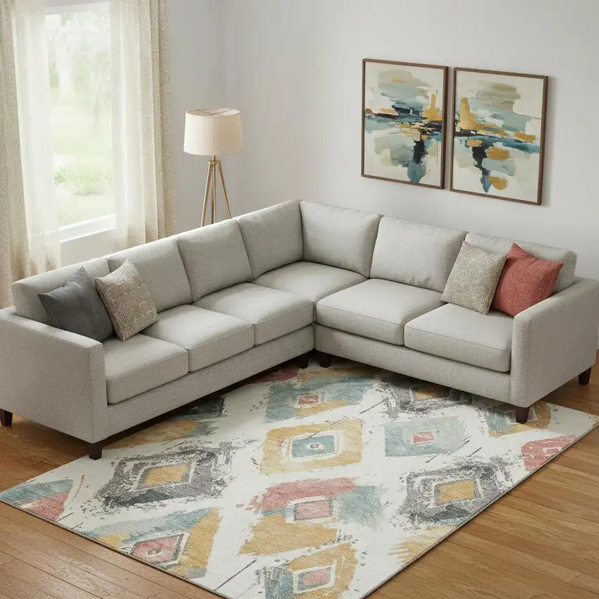 Ivory Gold And Blush Abstract Geometric Washable Area Rug With UV Protection Photo 2