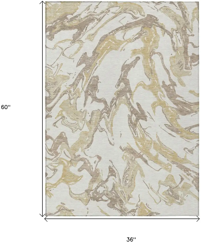 Ivory Gold And Brown Abstract Washable Indoor Outdoor Area Rug Photo 3