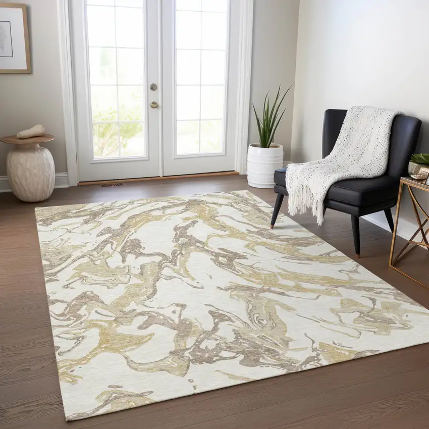 Ivory Gold And Brown Abstract Washable Indoor Outdoor Area Rug Photo 9