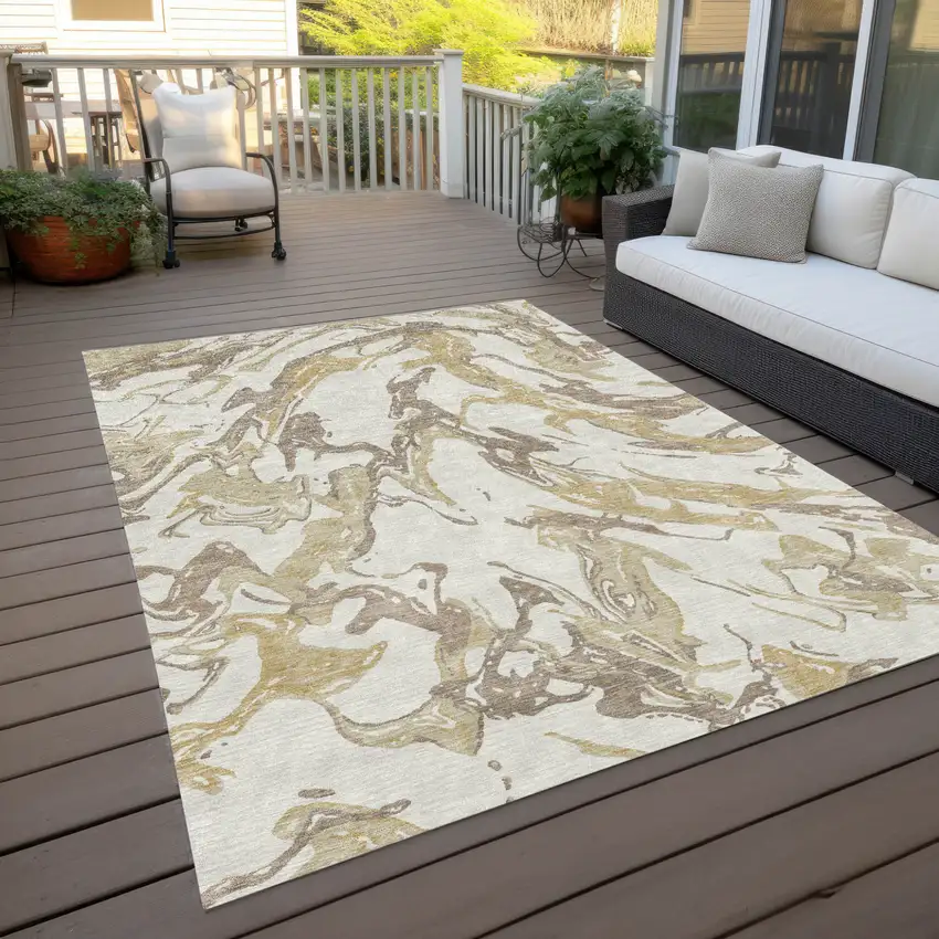Ivory Gold And Brown Abstract Washable Indoor Outdoor Area Rug Photo 9