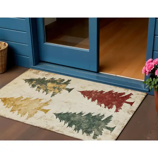 Ivory Gold And Burgundy Botanical Leaves Washable Indoor Outdoor Area Rug Photo 2