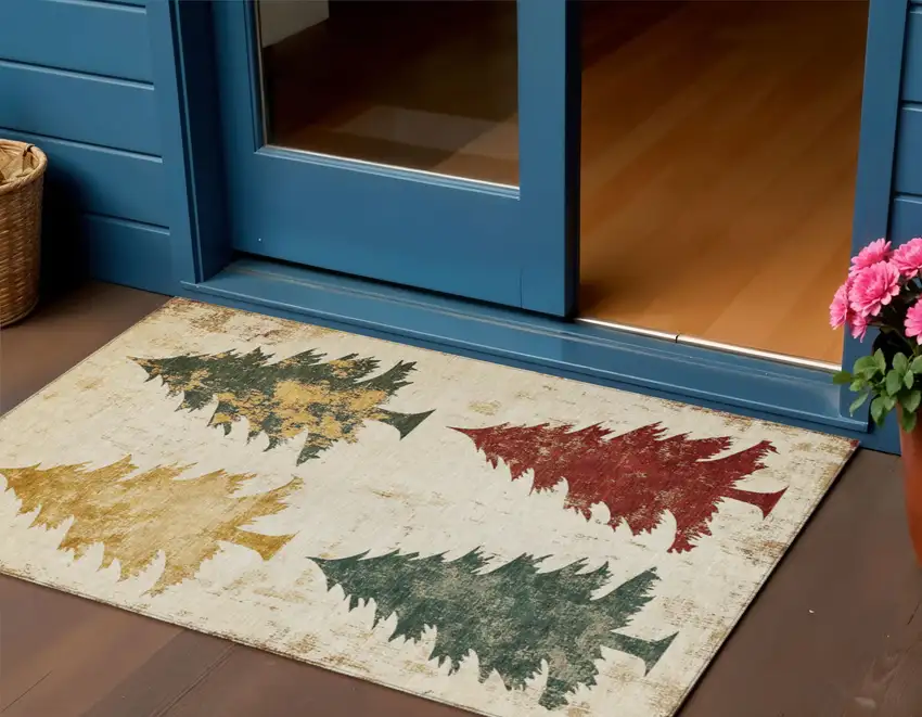 Ivory Gold And Burgundy Botanical Leaves Washable Indoor Outdoor Area Rug Photo 2