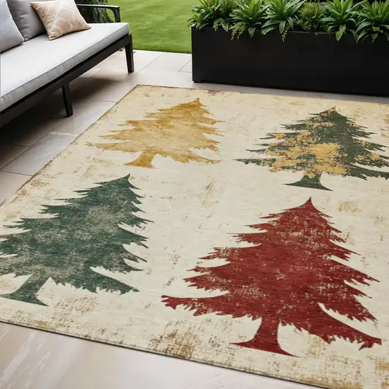 Ivory Gold And Burgundy Botanical Leaves Washable Indoor Outdoor Area Rug Photo 2