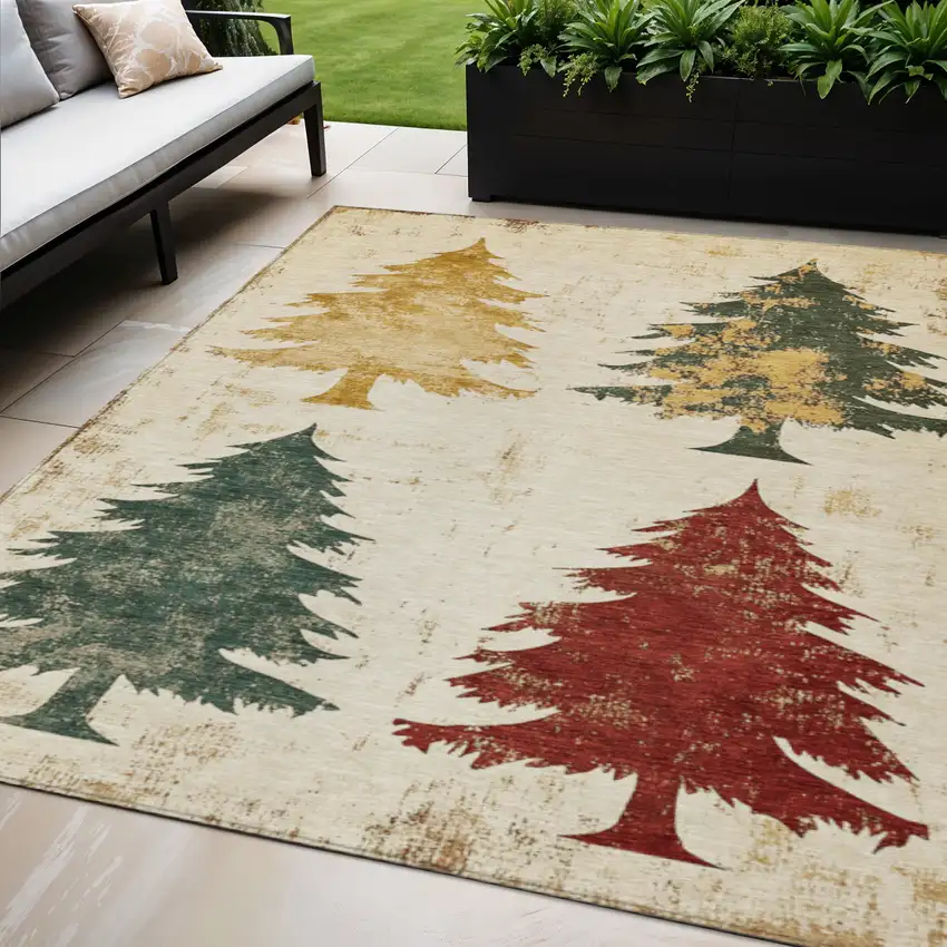 Ivory Gold And Burgundy Botanical Leaves Washable Indoor Outdoor Area Rug Photo 2