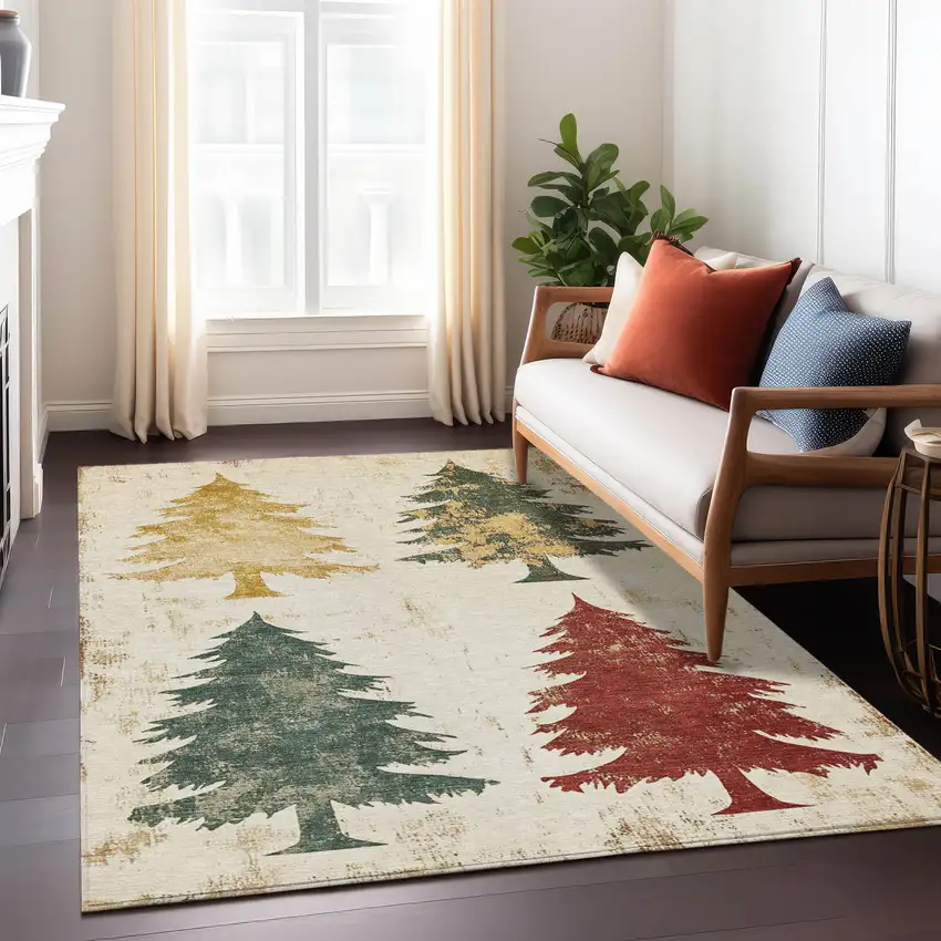 Ivory Gold And Burgundy Botanical Leaves Washable Indoor Outdoor Area Rug Photo 7