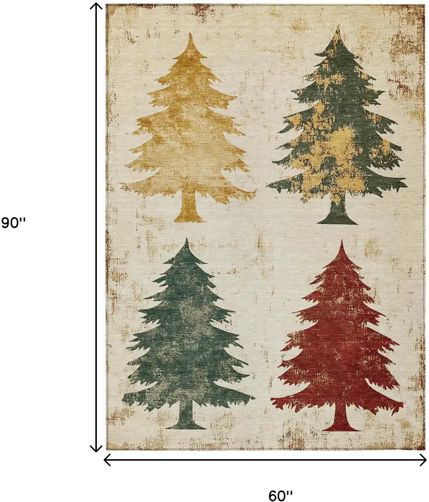 Ivory Gold And Burgundy Trees Washable Indoor Outdoor Area Rug Photo 9