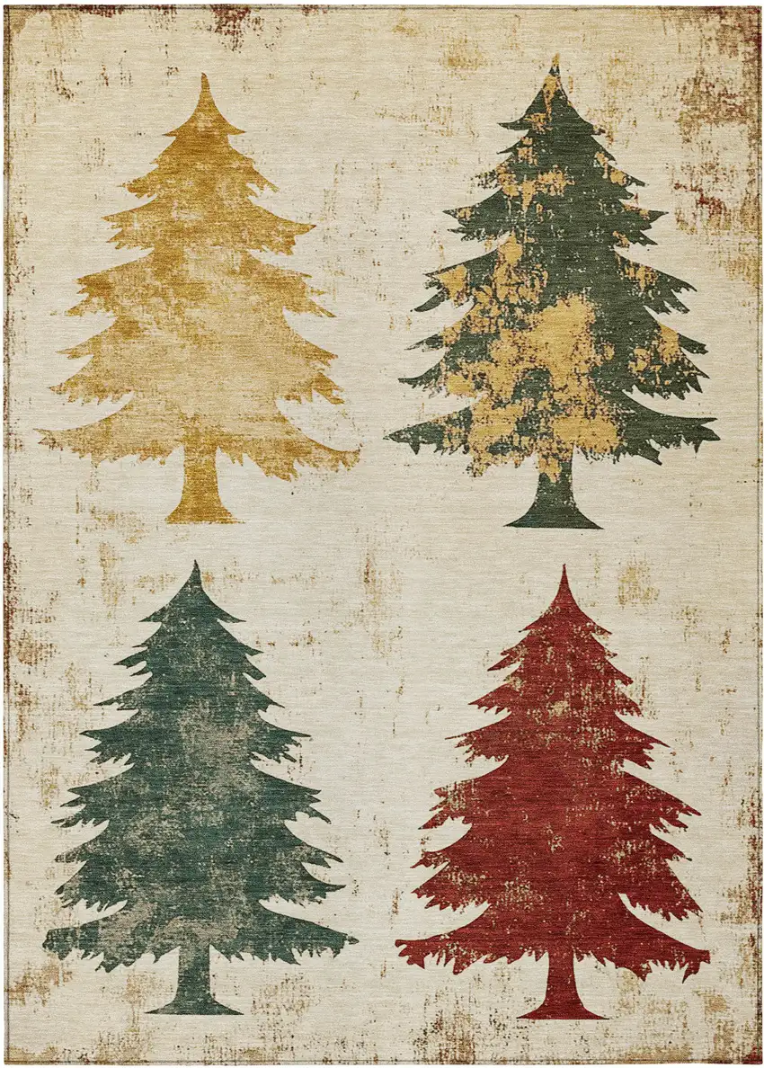 Ivory Gold And Burgundy Botanical Leaves Washable Indoor Outdoor Area Rug Photo 1