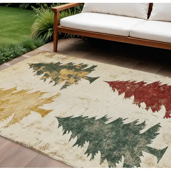 Ivory Gold And Burgundy Botanical Leaves Washable Indoor Outdoor Area Rug Photo 2