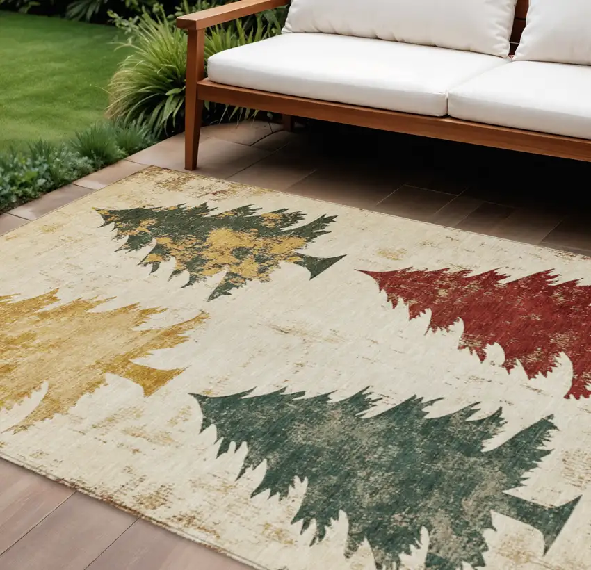 Ivory Gold And Burgundy Botanical Leaves Washable Indoor Outdoor Area Rug Photo 2