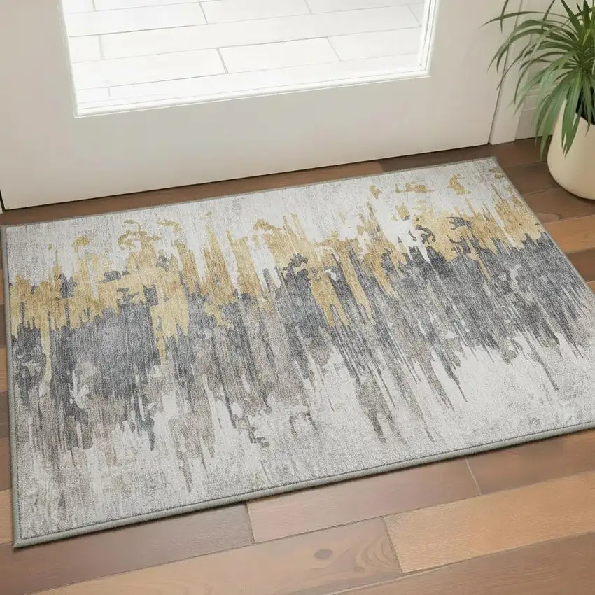 Ivory Gold And Gray Abstract Washable Area Rug With UV Protection Photo 2