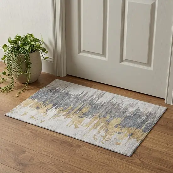 Ivory Gold And Gray Abstract Washable Area Rug With UV Protection Photo 1