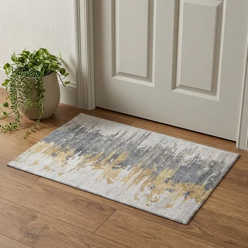 Ivory Gold And Gray Abstract Washable Area Rug With UV Protection Photo 1