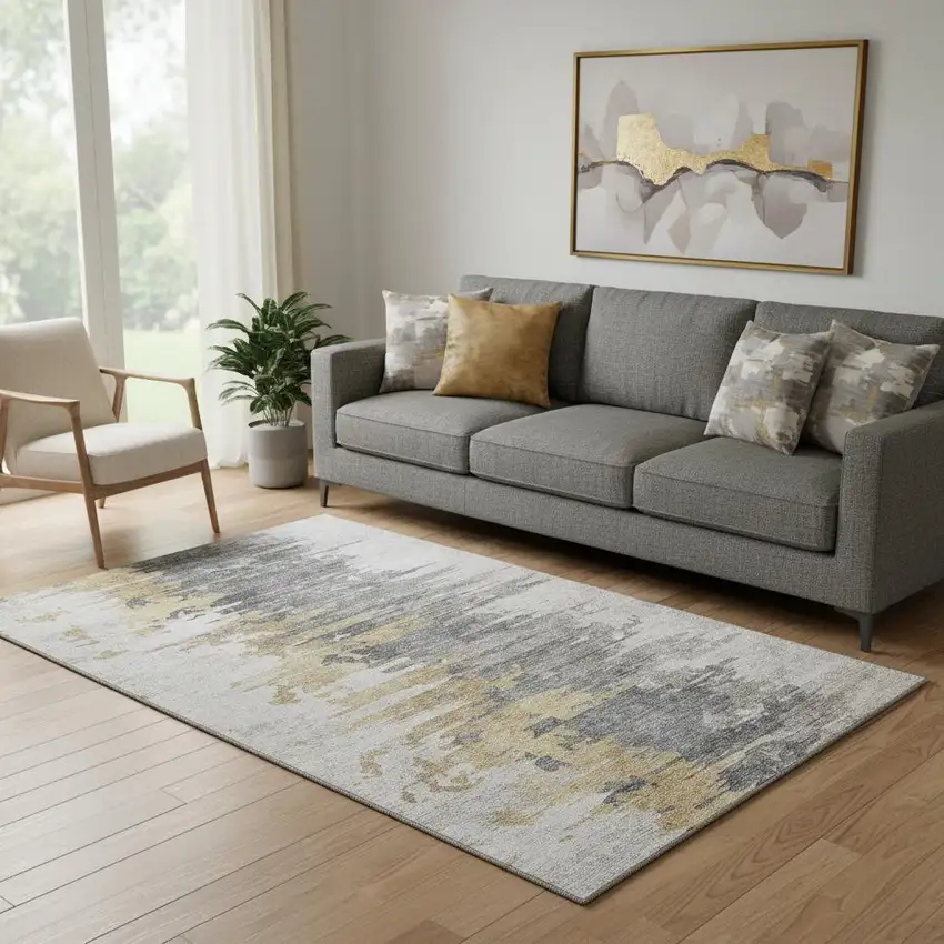 Ivory Gold And Gray Abstract Washable Area Rug With UV Protection Photo 1