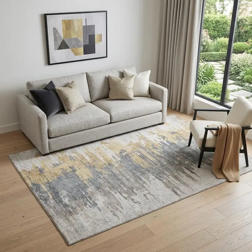 Ivory Gold And Gray Abstract Washable Area Rug With UV Protection Photo 1