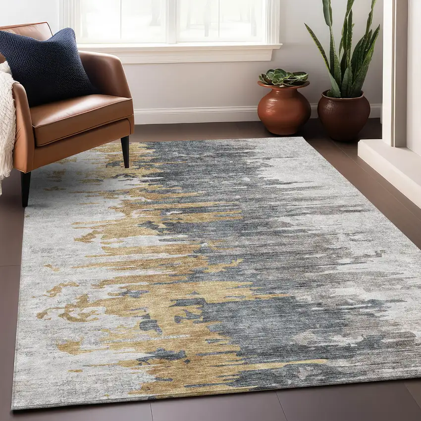 Ivory Gold And Gray Abstract Washable Area Rug With UV Protection Photo 5