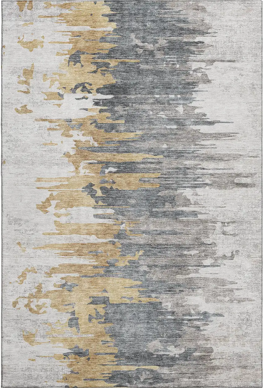 Ivory Gold And Gray Abstract Washable Area Rug With UV Protection Photo 2