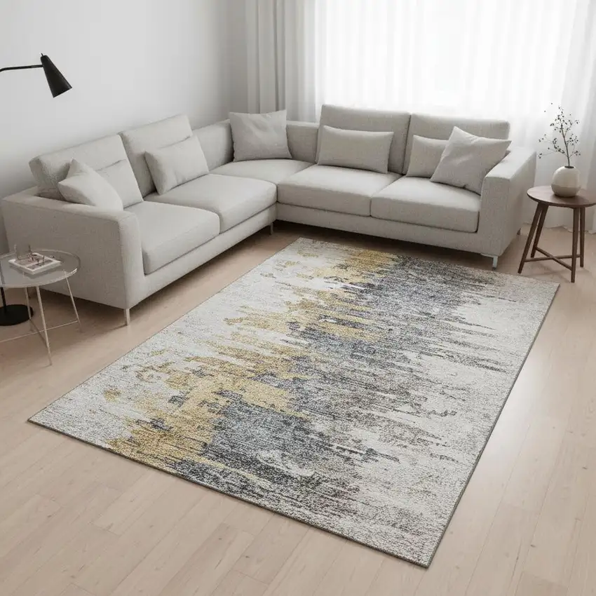 Ivory Gold And Gray Abstract Washable Area Rug With UV Protection Photo 1