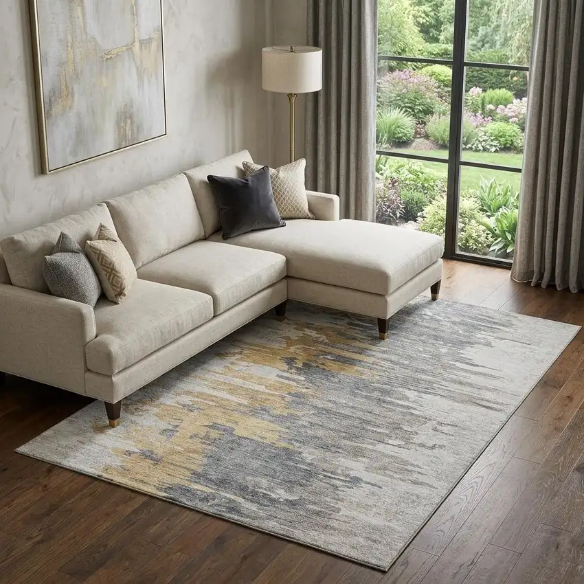 Ivory Gold And Gray Abstract Washable Area Rug With UV Protection Photo 1