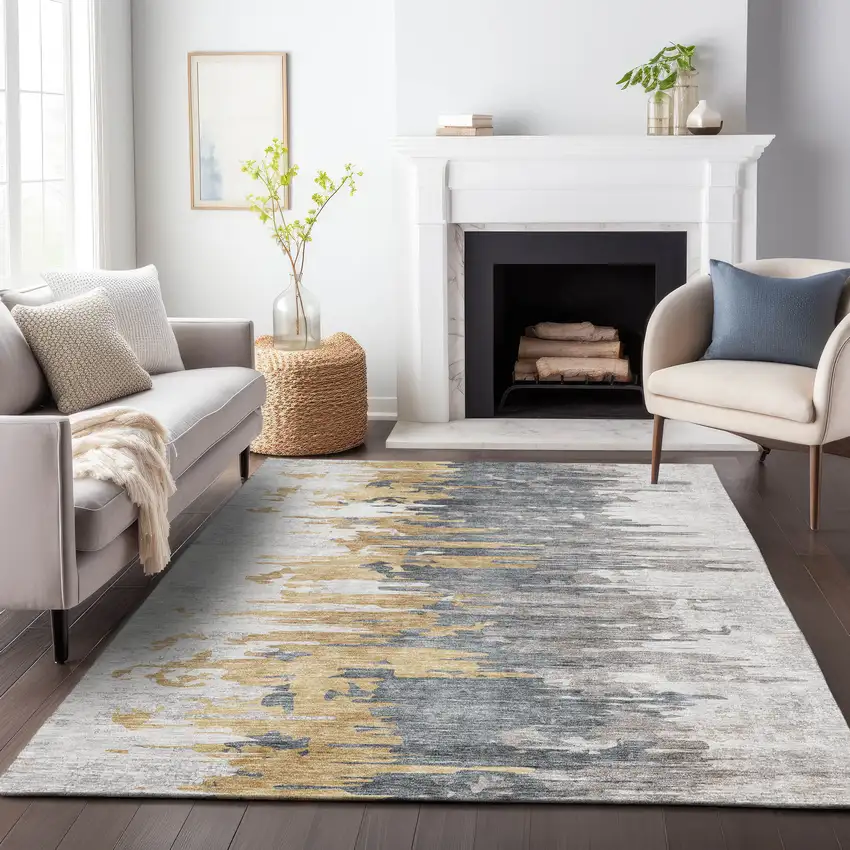 Ivory Gold And Gray Abstract Washable Area Rug With UV Protection Photo 5