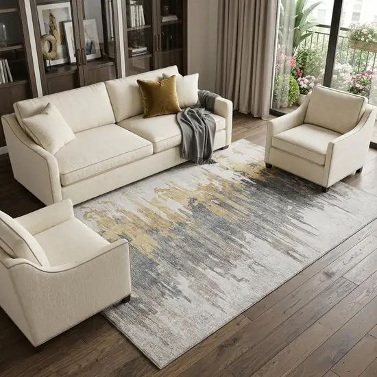 Ivory Gold And Gray Abstract Washable Area Rug With UV Protection Photo 1