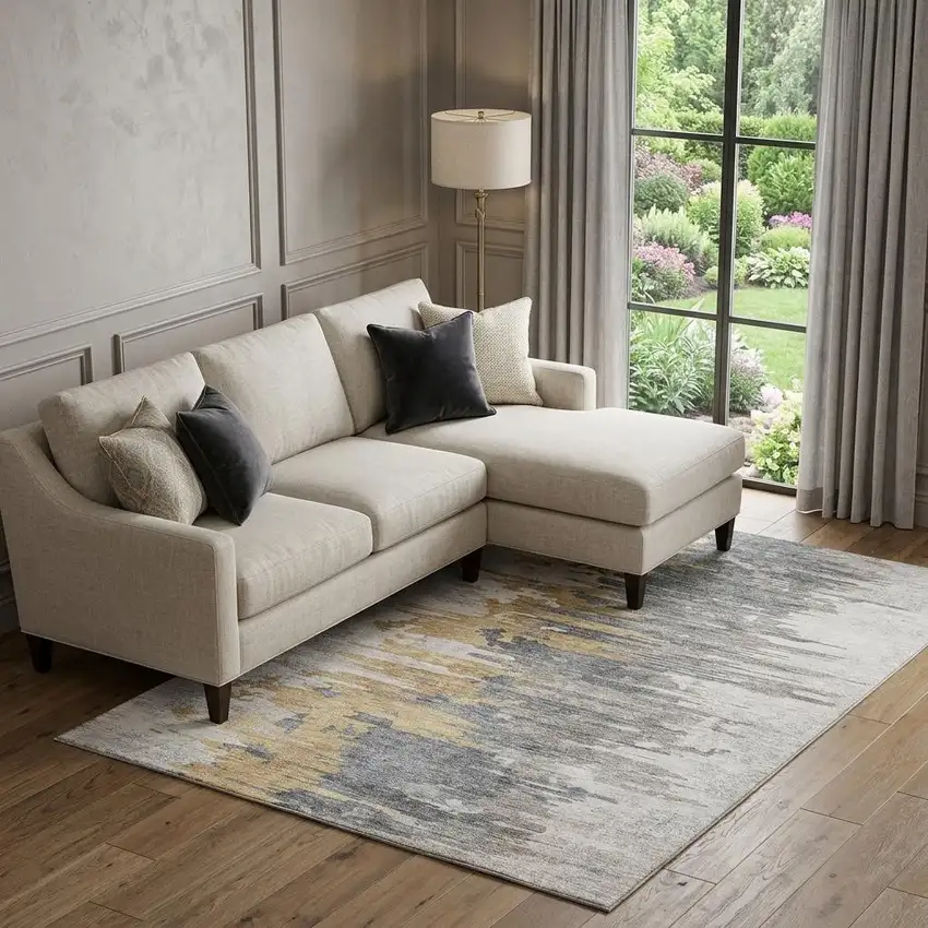 Ivory Gold And Gray Abstract Washable Area Rug With UV Protection Photo 1