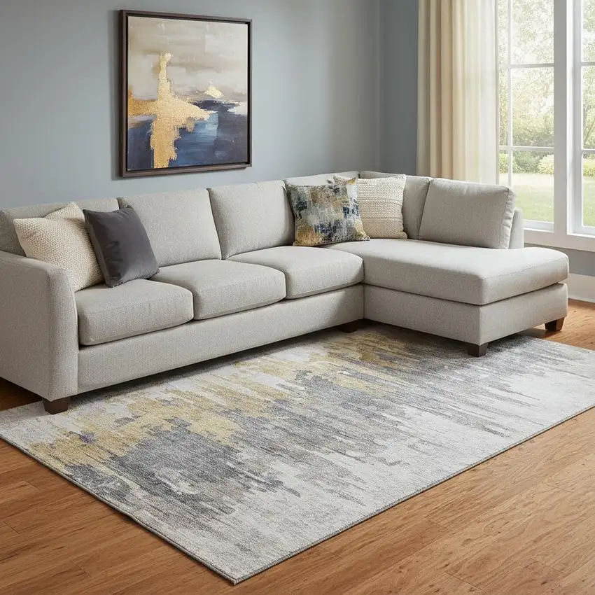 Ivory Gold And Gray Abstract Washable Area Rug With UV Protection Photo 1