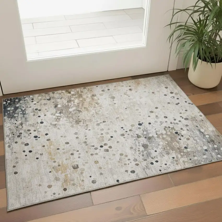 Ivory Gold And Gray Abstract Washable Area Rug With UV Protection Photo 2