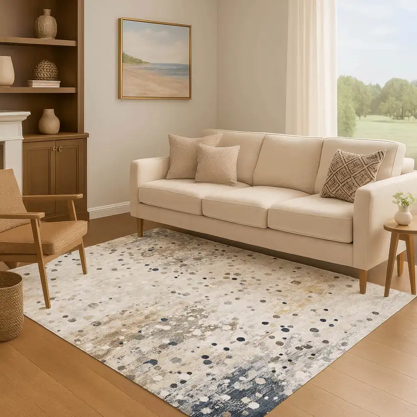 Ivory Gold And Gray Abstract Washable Area Rug With UV Protection Photo 6