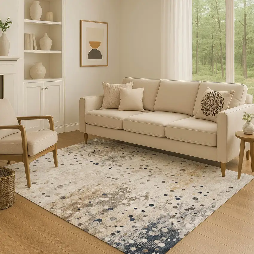 Ivory Gold And Gray Abstract Washable Area Rug With UV Protection Photo 5